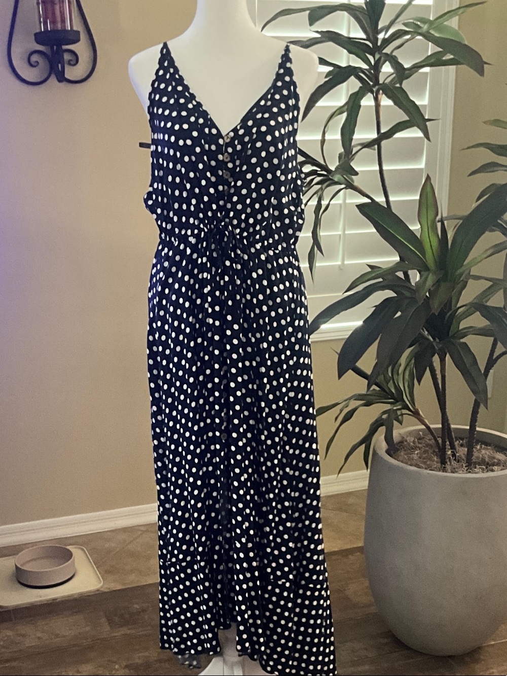 Navy and White Polka Dot Maxi Dress w/ cinch tie waist